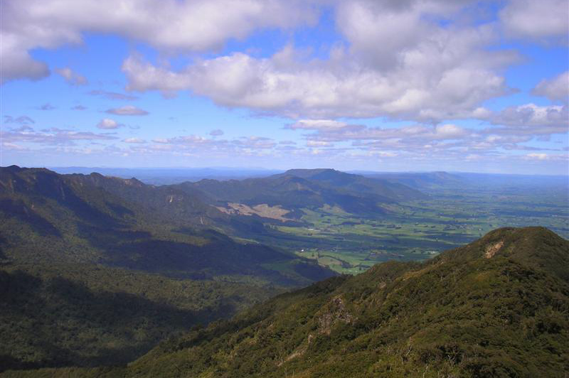 The view across farmlands from Mount Te Aroha. Image: Hamilton & Waikato Tourism