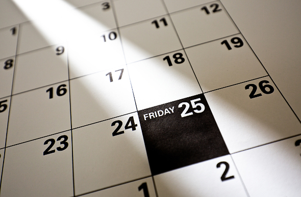 A calendar with Friday blacked out