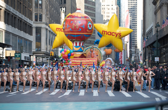 The NY Rockettes doing a routine at the start of the Thanksgiving Day Parade