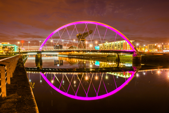 Glasgow's Squinty Bridge illuminated at night