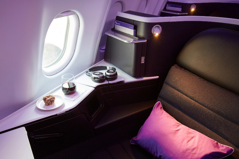 A close-up look at a Business Class seat on board Virgin Australia.