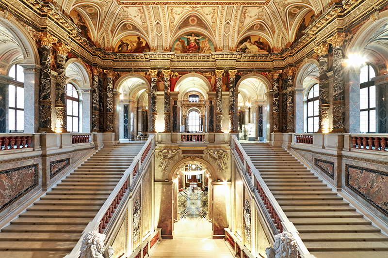 The interior staircase of in Kunsthistorisches Museum (Museum of Fine Art) in Vienna.