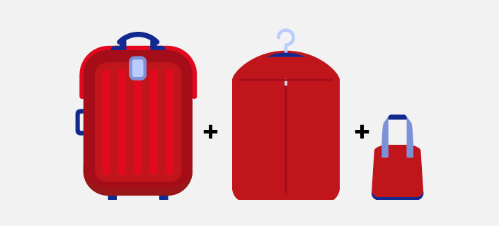 Carry on baggage allowance illustration - one suitcases, one garment bag plus handbag